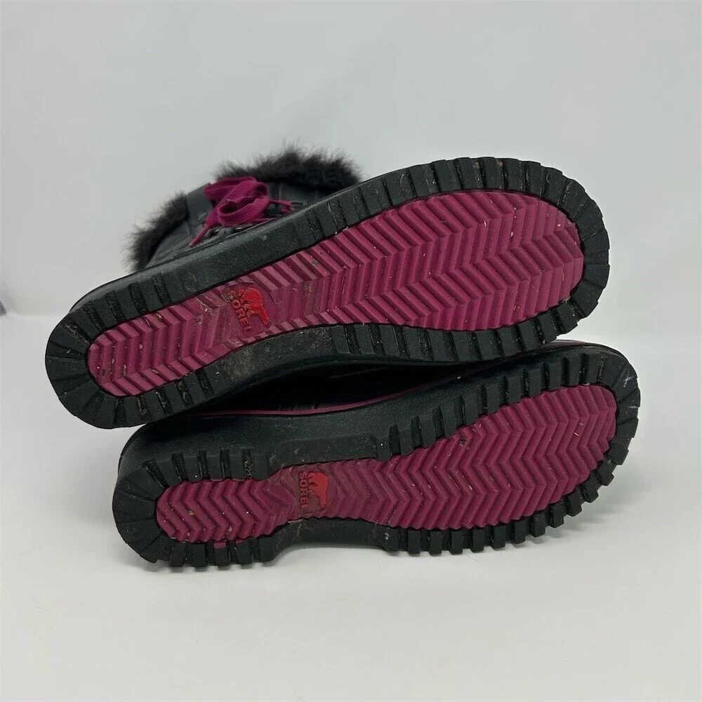 Sorel Tivoli Twist Snow Boots Womens Black Quilted Faux Fur Pink Laces Size 9